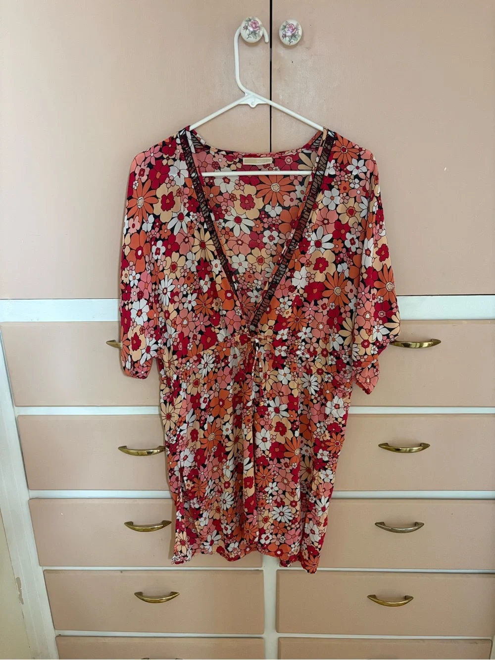Michael Kors Floral V-Neck Tunic in Coral, Pink & Orange